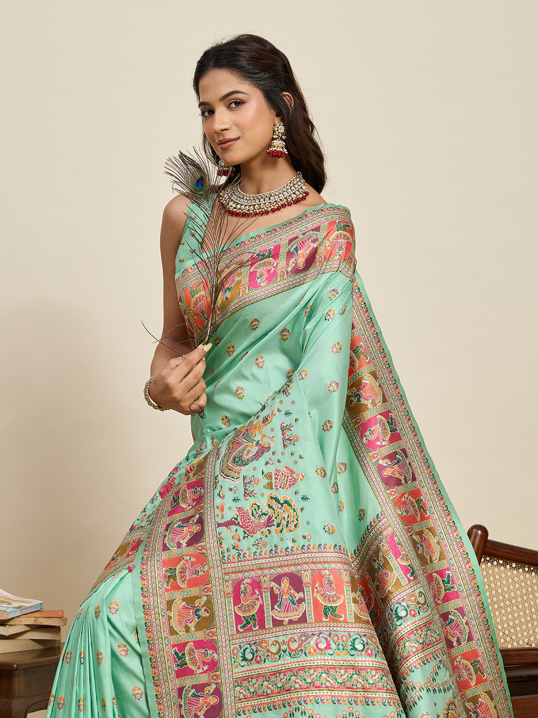 Fabrica Vibe Mint Green  Art Silk Saree with Traditional Folk & Peacock Motifs