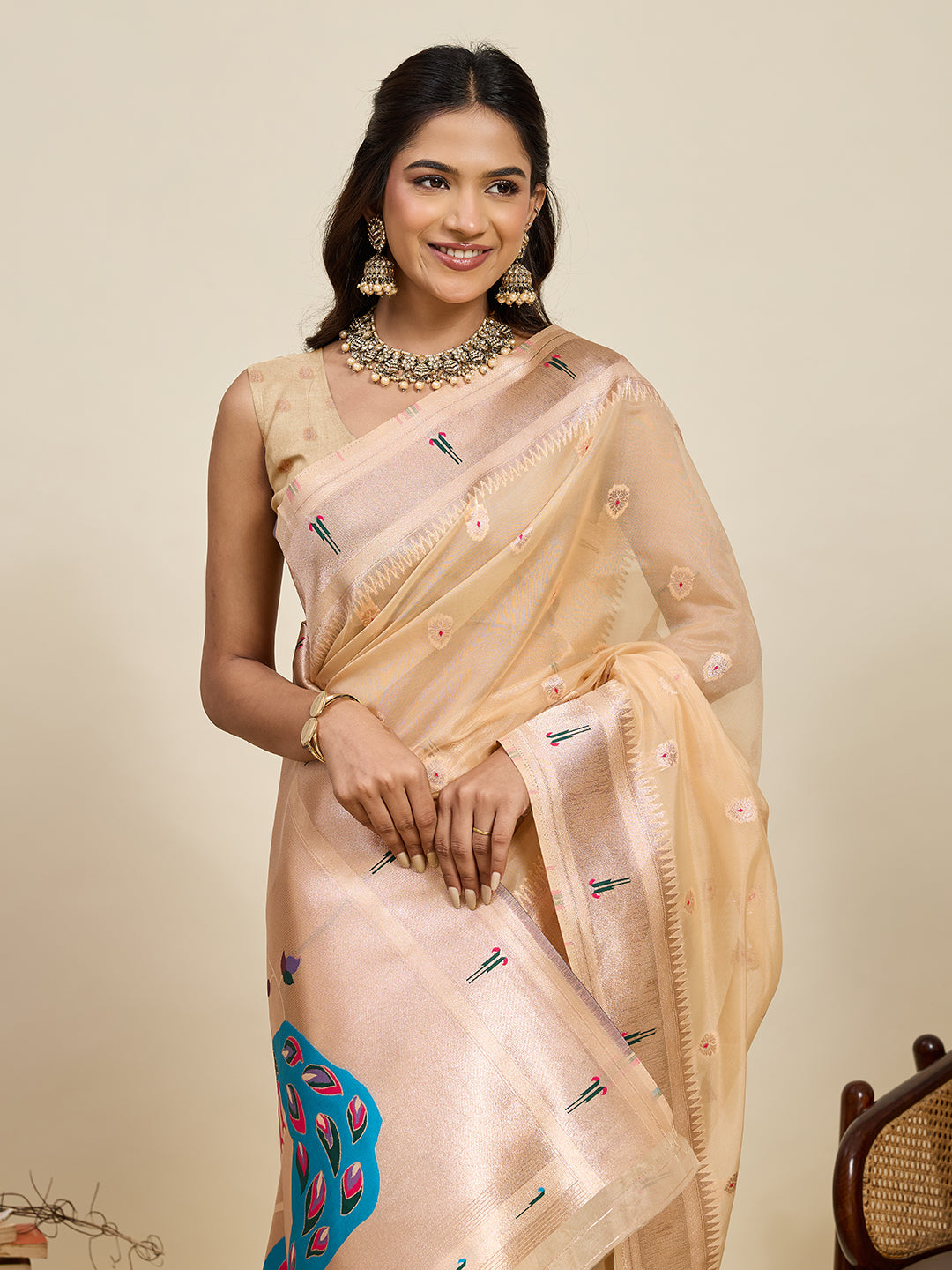 Fabrica Vibe Beige Organza Silk Saree with Peacock Pallu & Floral Woven Design