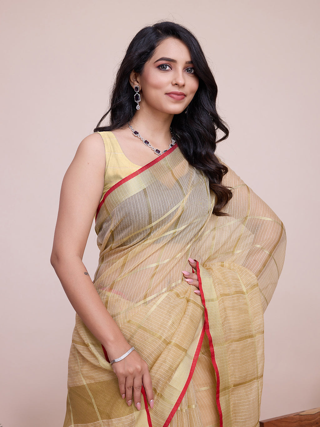 Fabrica Vibe Handwoven Bengal Cotton Linen Saree in Ivory Beige with Subtle Check Weave