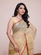 Fabrica Vibe Handwoven Bengal Cotton Linen Saree in Ivory Beige with Subtle Check Weave