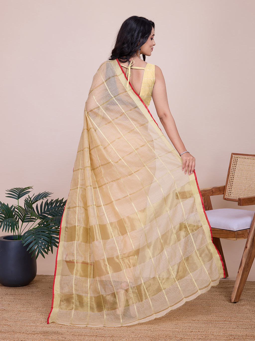 Fabrica Vibe Handwoven Bengal Cotton Linen Saree in Ivory Beige with Subtle Check Weave