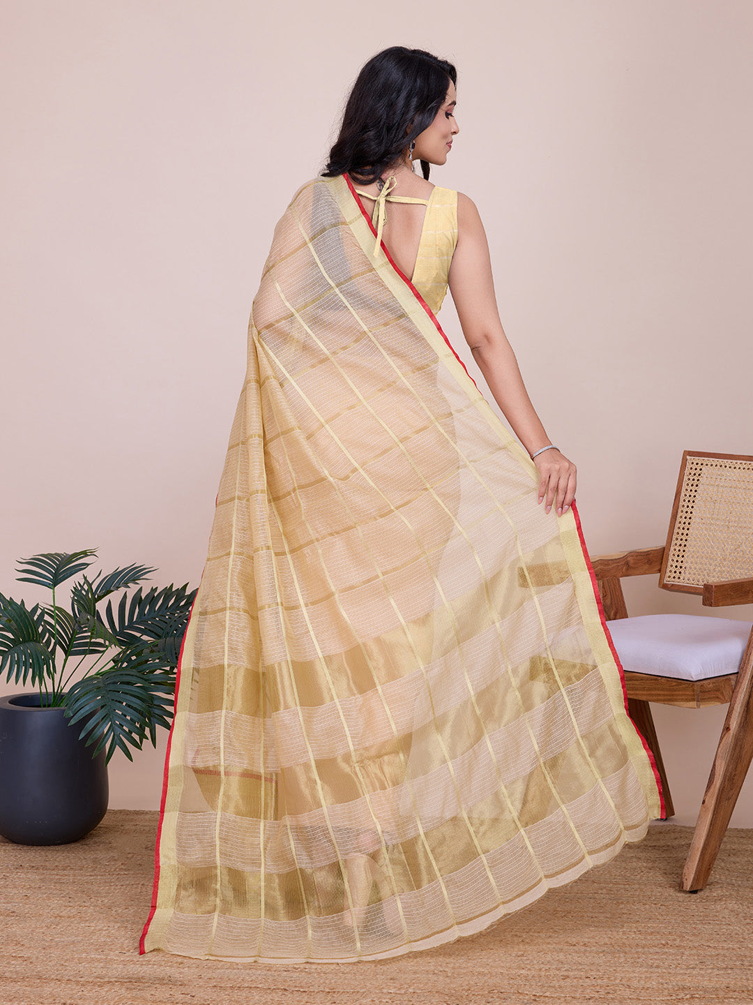 Fabrica Vibe Handwoven Bengal Cotton Linen Saree in Ivory Beige with Subtle Check Weave