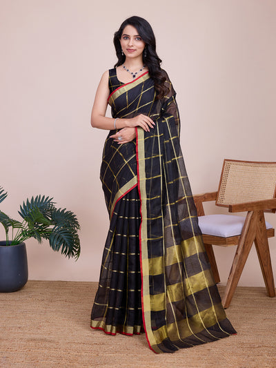 Fabrica Vibe Black & Gold Checked Linen Cotton Saree with Contrast Red Border