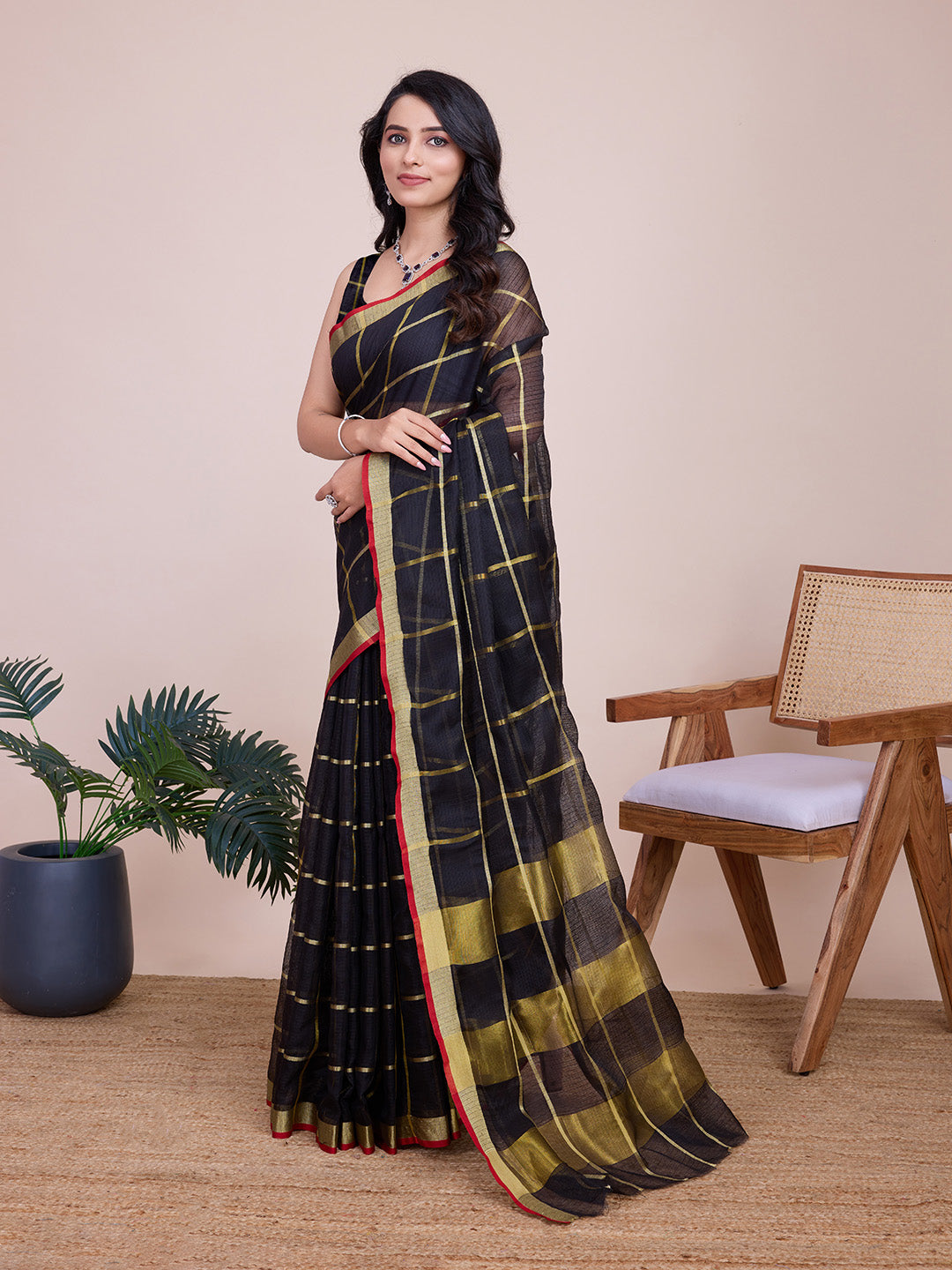Fabrica Vibe Black & Gold Checked Linen Cotton Saree with Contrast Red Border