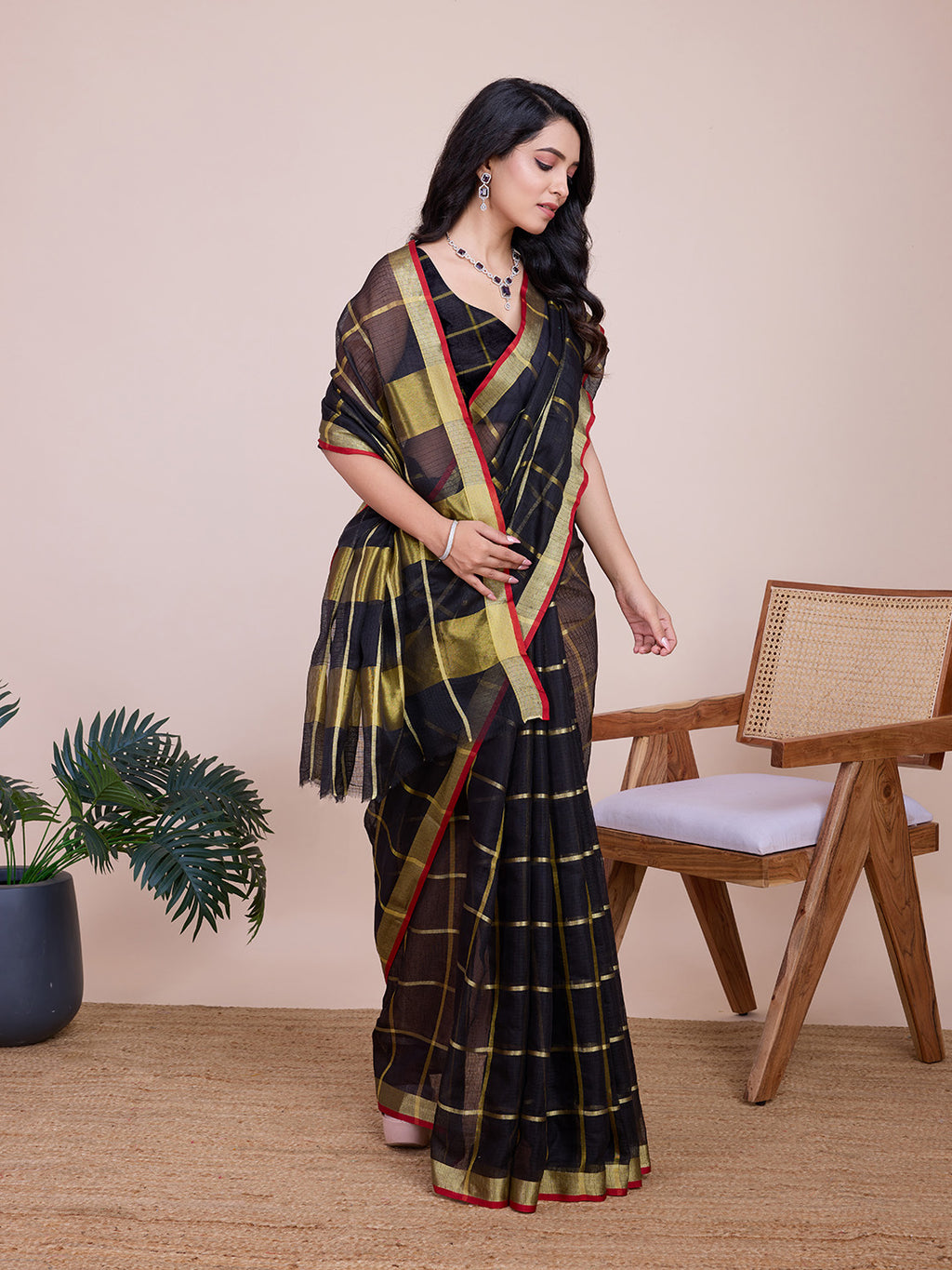 Fabrica Vibe Black & Gold Checked Linen Cotton Saree with Contrast Red Border