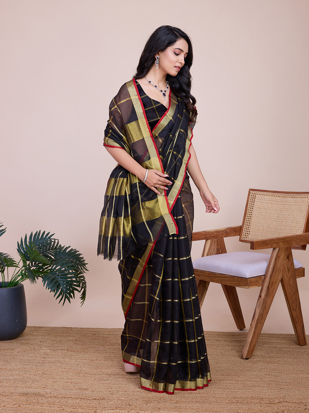 Fabrica Vibe Black & Gold Checked Linen Cotton Saree with Contrast Red Border