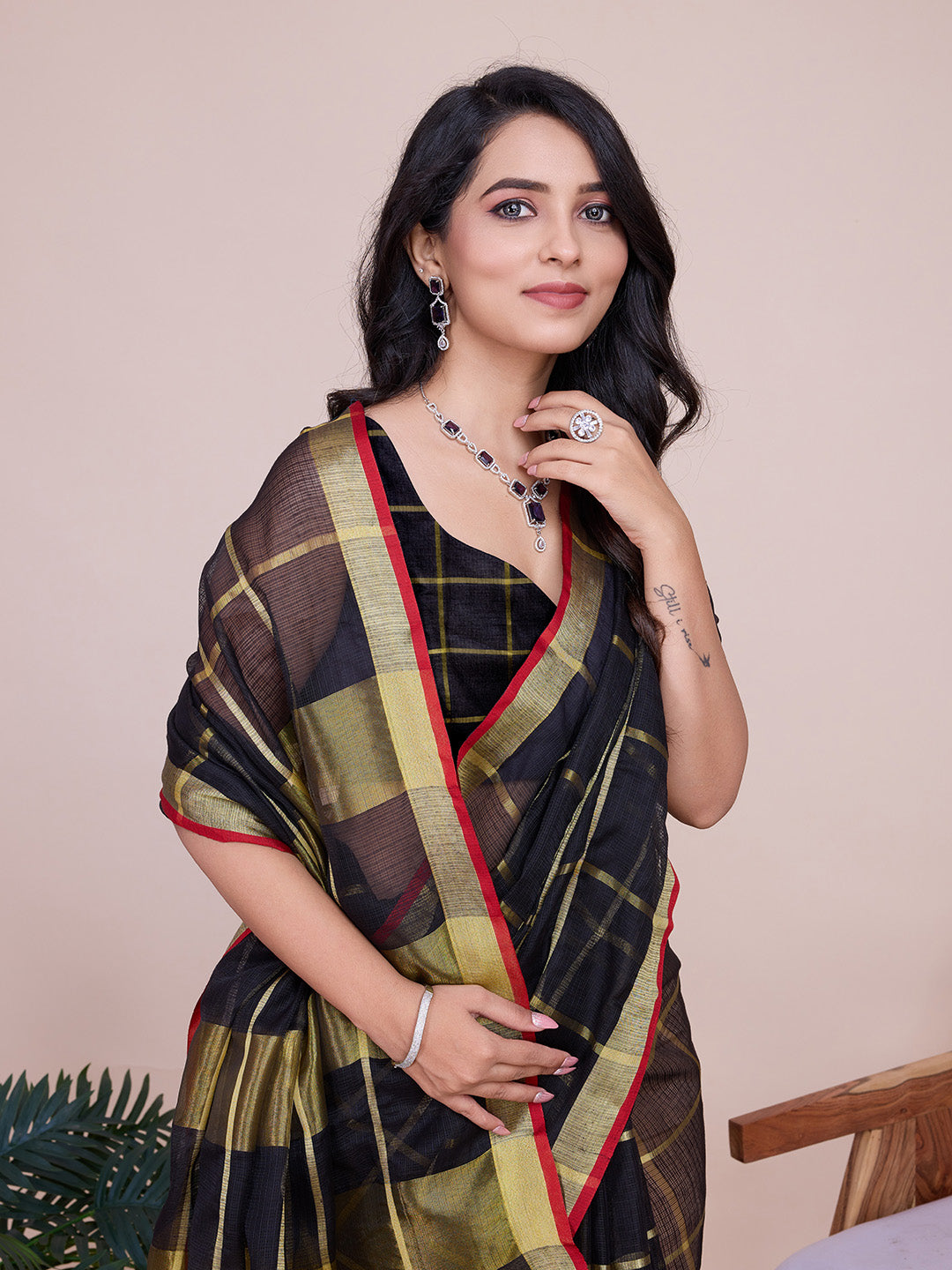 Fabrica Vibe Black & Gold Checked Linen Cotton Saree with Contrast Red Border