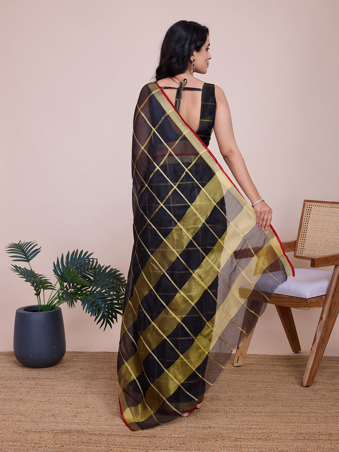Fabrica Vibe Black & Gold Checked Linen Cotton Saree with Contrast Red Border