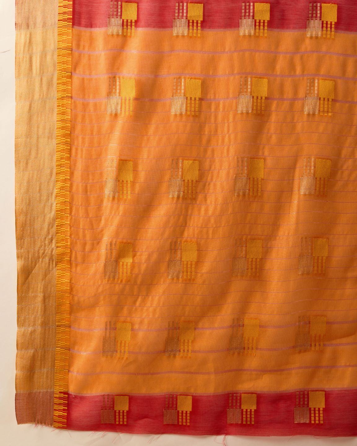 Fabrica Vibe Red & Mustard Bengal Handwoven Cotton Saree with Woven Geometric Design