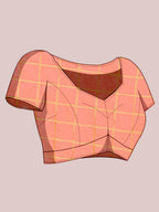 Fabrica Vibe Peach Handwoven Cotton Saree with Golden Checks & Contrast Border