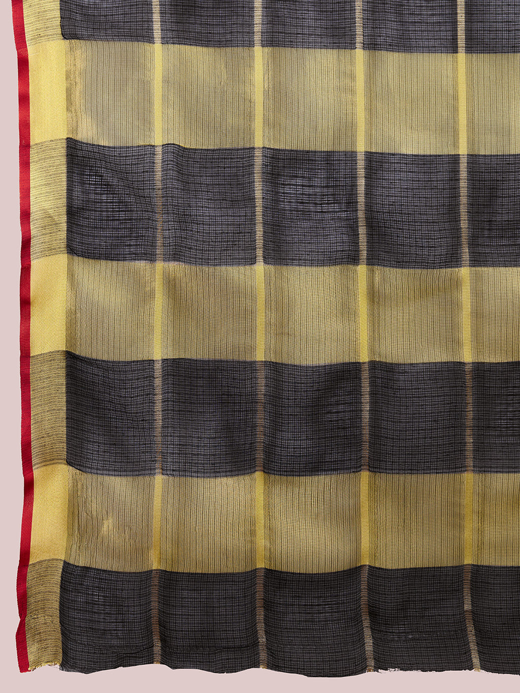 Fabrica Vibe Black & Gold Checked Linen Cotton Saree with Contrast Red Border