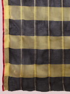 Fabrica Vibe Black & Gold Checked Linen Cotton Saree with Contrast Red Border