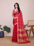 Fabrica Vibe Coral Red & Gold Checked Linen Cotton Saree with Woven Border