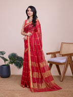 Fabrica Vibe Coral Red & Gold Checked Linen Cotton Saree with Woven Border
