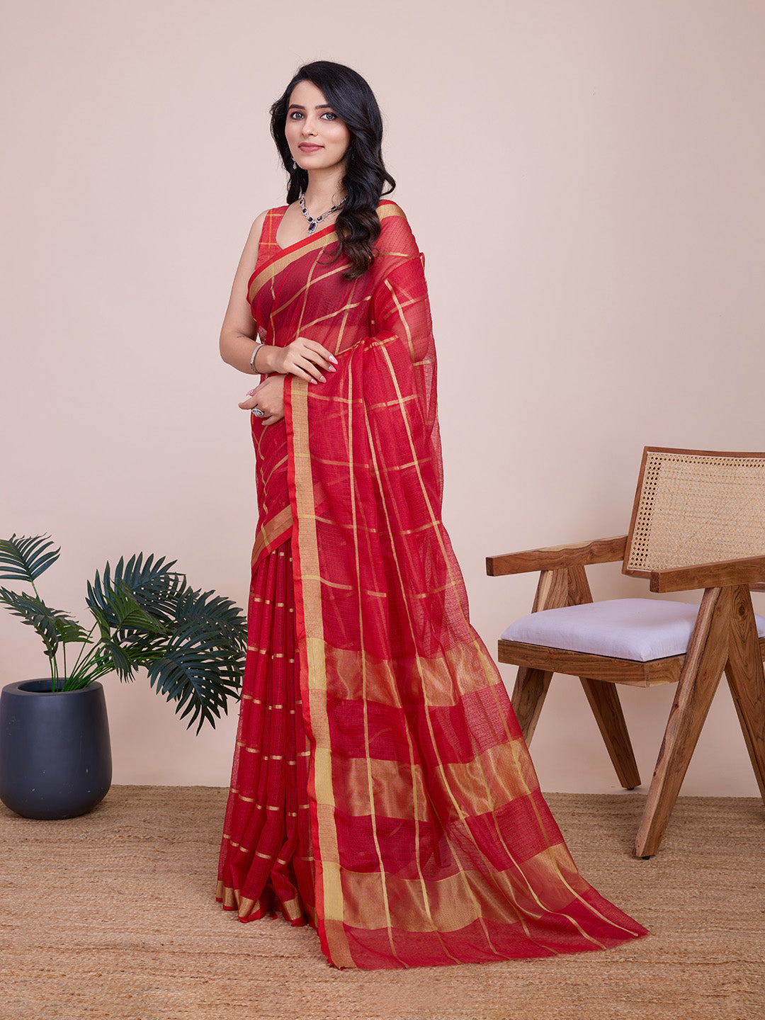 Fabrica Vibe Coral Red & Gold Checked Linen Cotton Saree with Woven Border