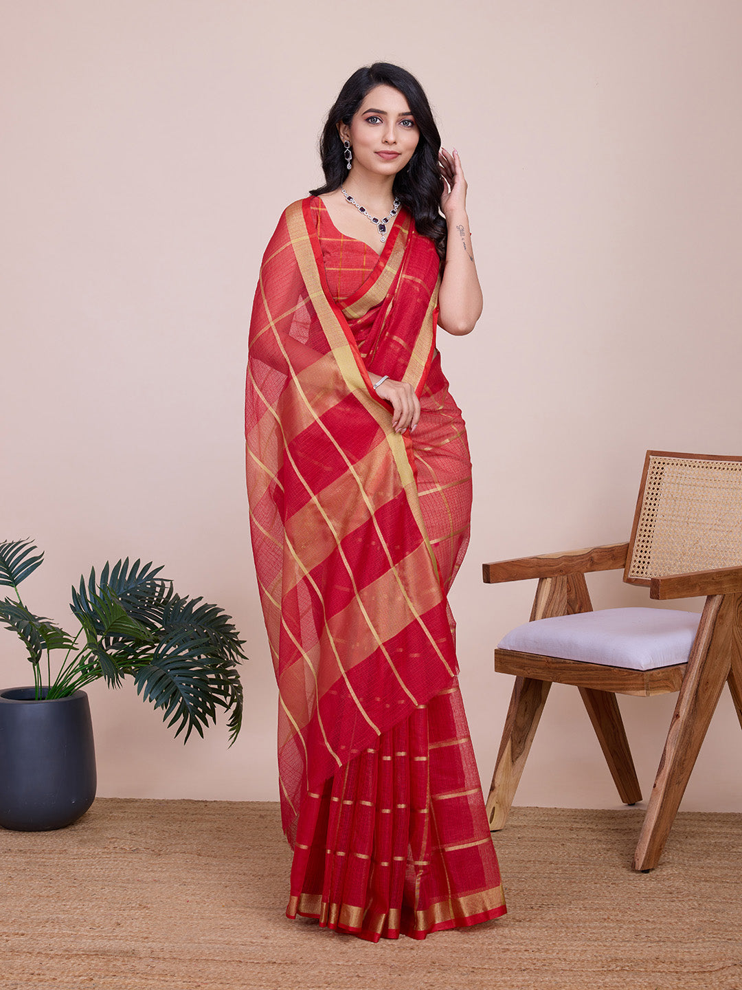 Fabrica Vibe Coral Red & Gold Checked Linen Cotton Saree with Woven Border