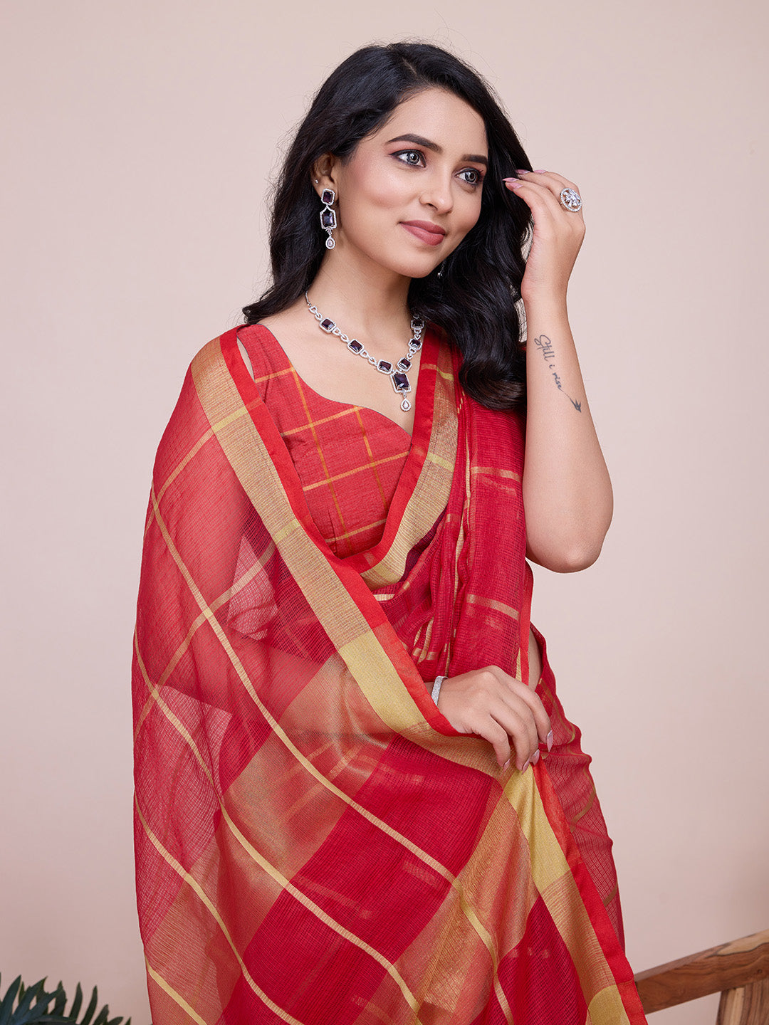 Fabrica Vibe Coral Red & Gold Checked Linen Cotton Saree with Woven Border