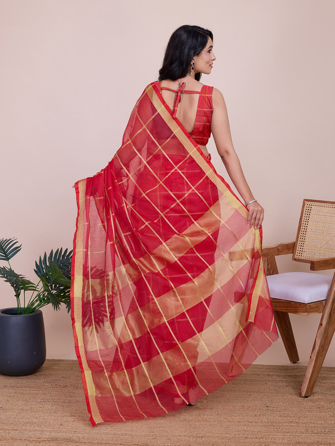 Fabrica Vibe Coral Red & Gold Checked Linen Cotton Saree with Woven Border