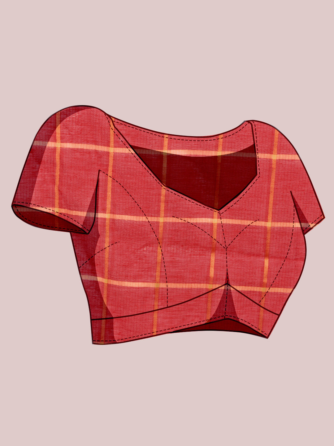 Fabrica Vibe Coral Red & Gold Checked Linen Cotton Saree with Woven Border