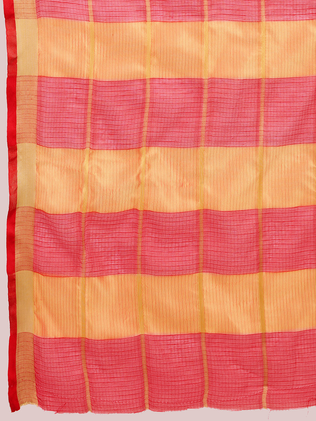 Fabrica Vibe Coral Red & Gold Checked Linen Cotton Saree with Woven Border