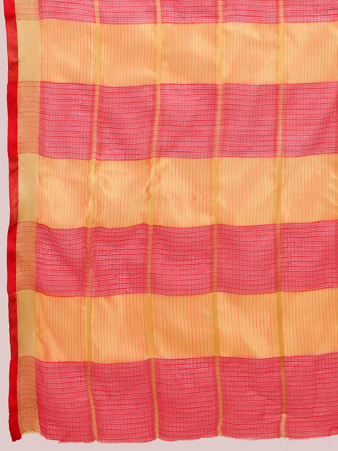 Fabrica Vibe Coral Red & Gold Checked Linen Cotton Saree with Woven Border