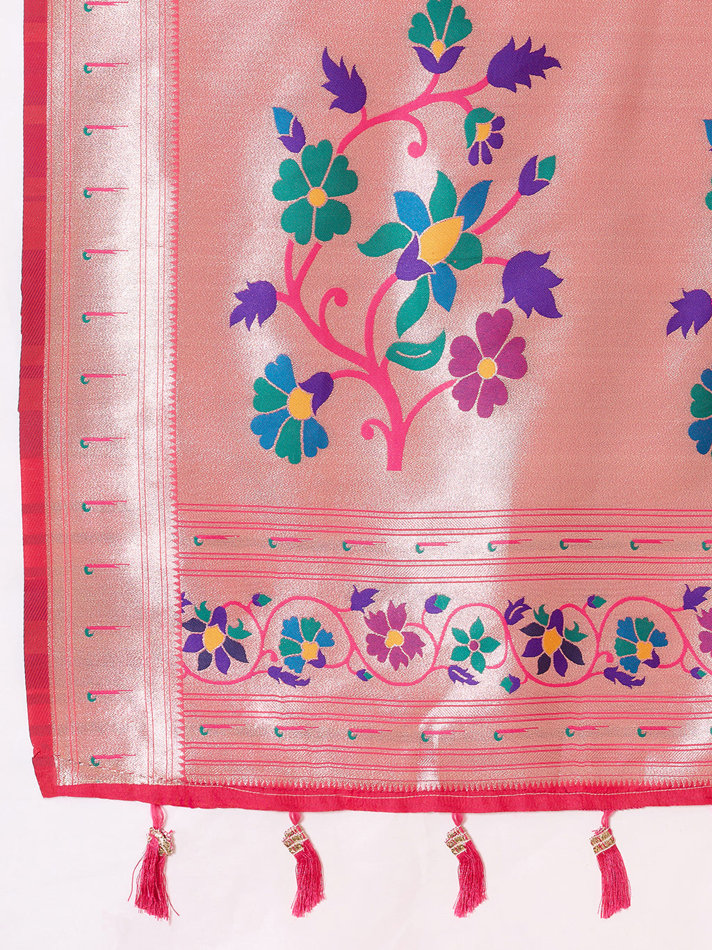 Fabrica Vibe Pink Paithani Art Silk Saree with Multicolor Floral Woven Pallu & Blouse Piece