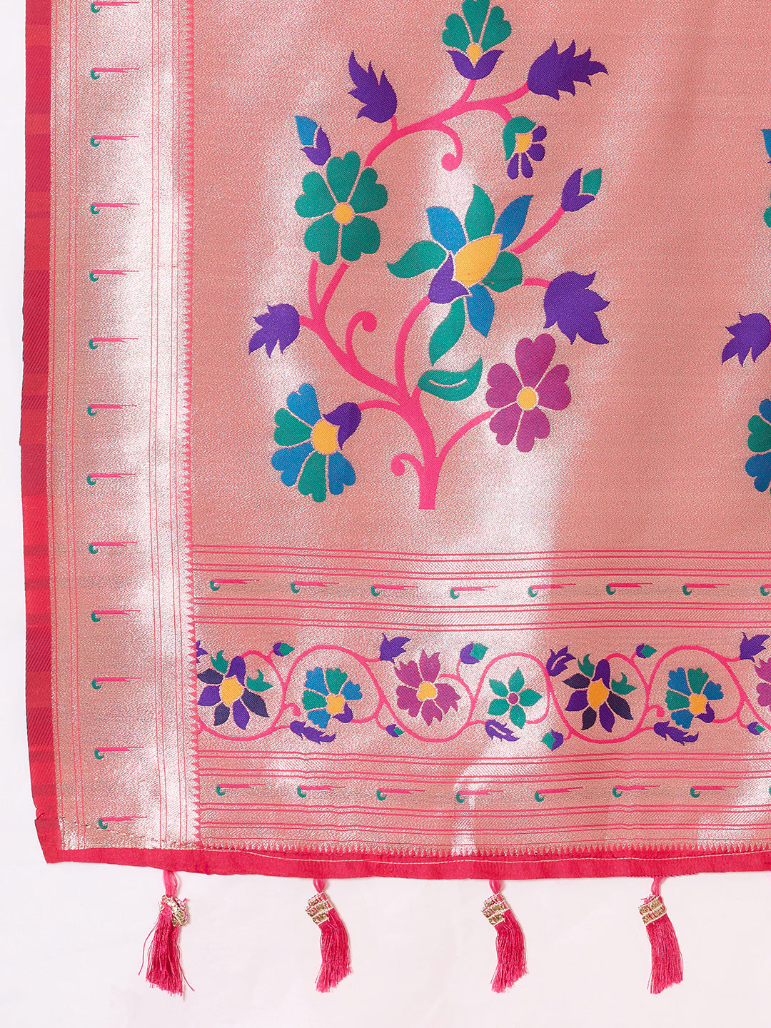 Fabrica Vibe Pink Paithani Art Silk Saree with Multicolor Floral Woven Pallu & Blouse Piece