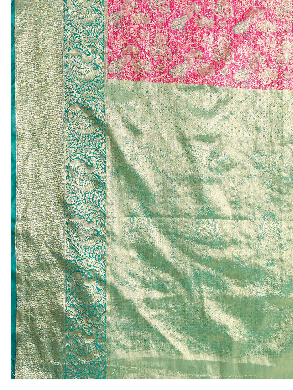 Fabrica Vibe Pink & Mint Green Banarasi Silk Blend Saree with Woven Zari Floral Design