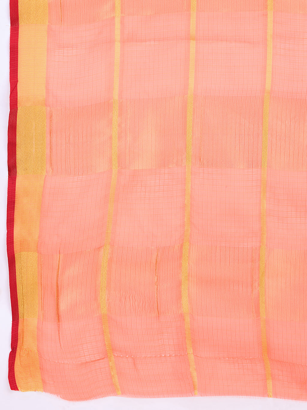 Fabrica Vibe Peach Handwoven Cotton Saree with Golden Checks & Contrast Border