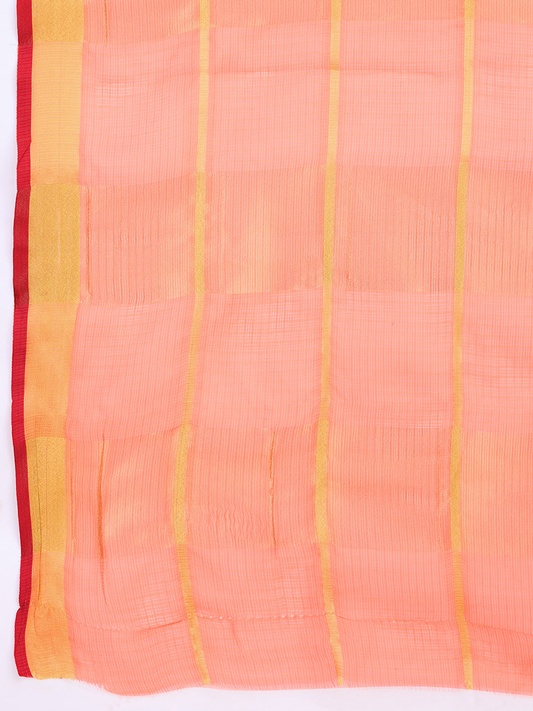 Fabrica Vibe Peach Handwoven Cotton Saree with Golden Checks & Contrast Border