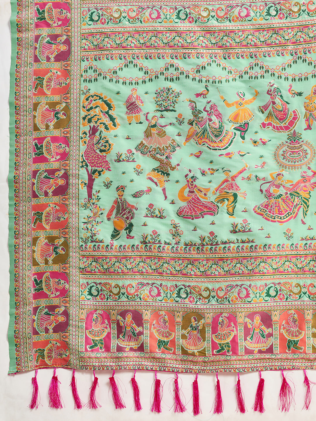 Fabrica Vibe Mint Green  Art Silk Saree with Traditional Folk & Peacock Motifs