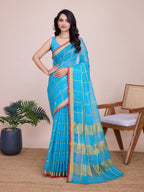 Fabrica Vibe Sky Blue Handwoven Cotton Saree with Golden Checks & Contrast Border