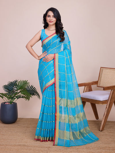 Fabrica Vibe Sky Blue Handwoven Cotton Saree with Golden Checks & Contrast Border