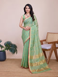 Fabrica Vibe Mint Green & Gold Checked Linen Cotton Saree with Contrast Red Border