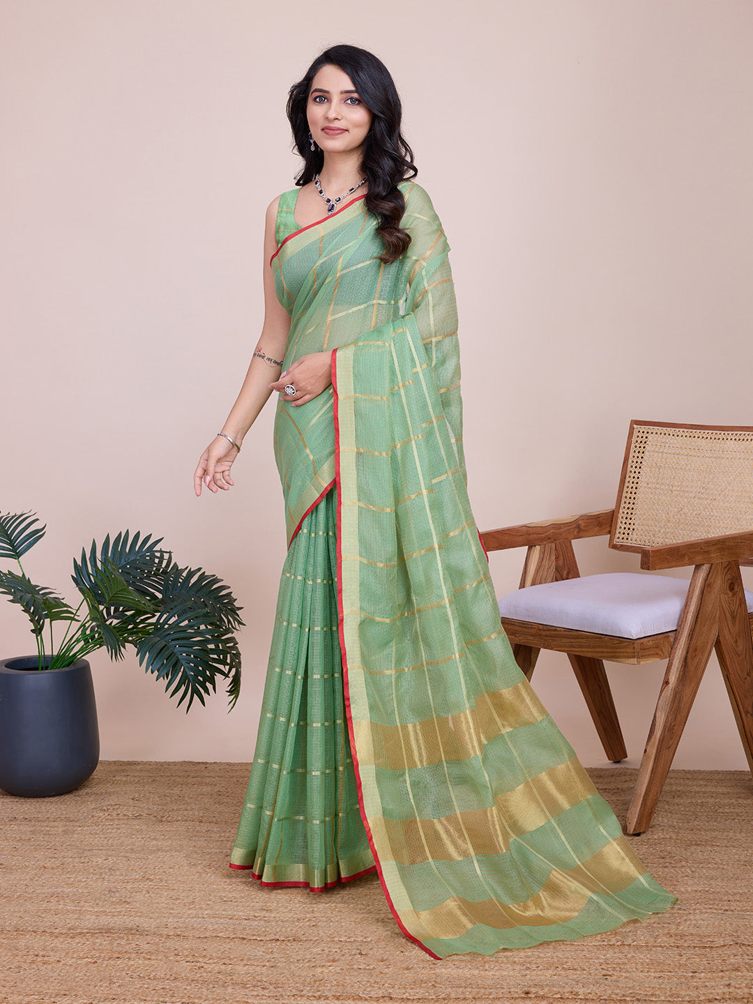 Fabrica Vibe Mint Green & Gold Checked Linen Cotton Saree with Contrast Red Border