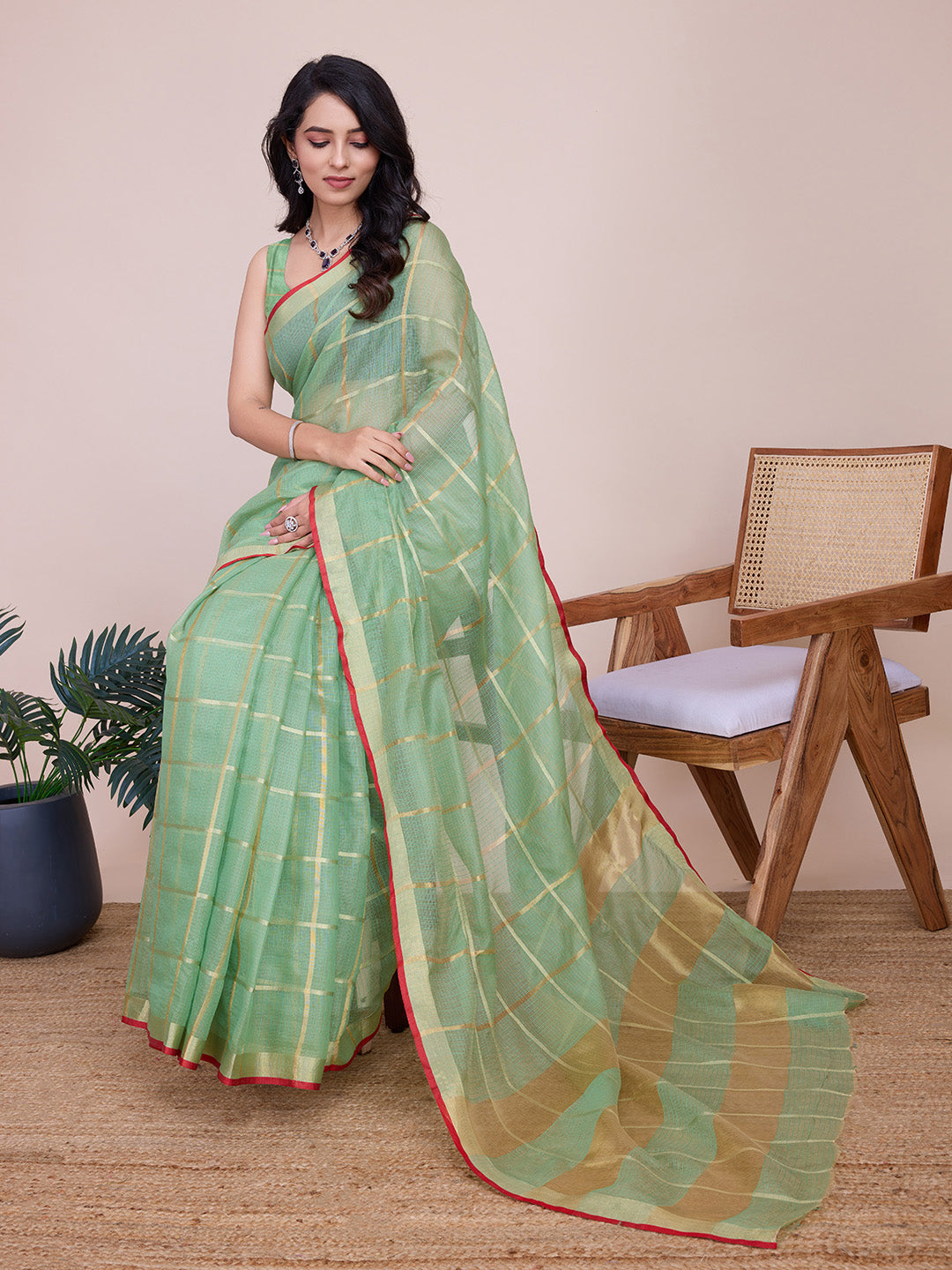 Fabrica Vibe Mint Green & Gold Checked Linen Cotton Saree with Contrast Red Border