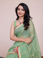 Fabrica Vibe Mint Green & Gold Checked Linen Cotton Saree with Contrast Red Border