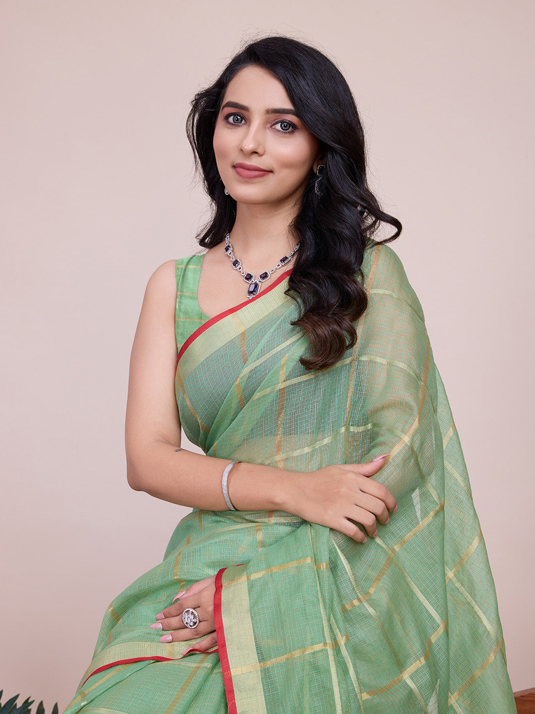 Fabrica Vibe Mint Green & Gold Checked Linen Cotton Saree with Contrast Red Border