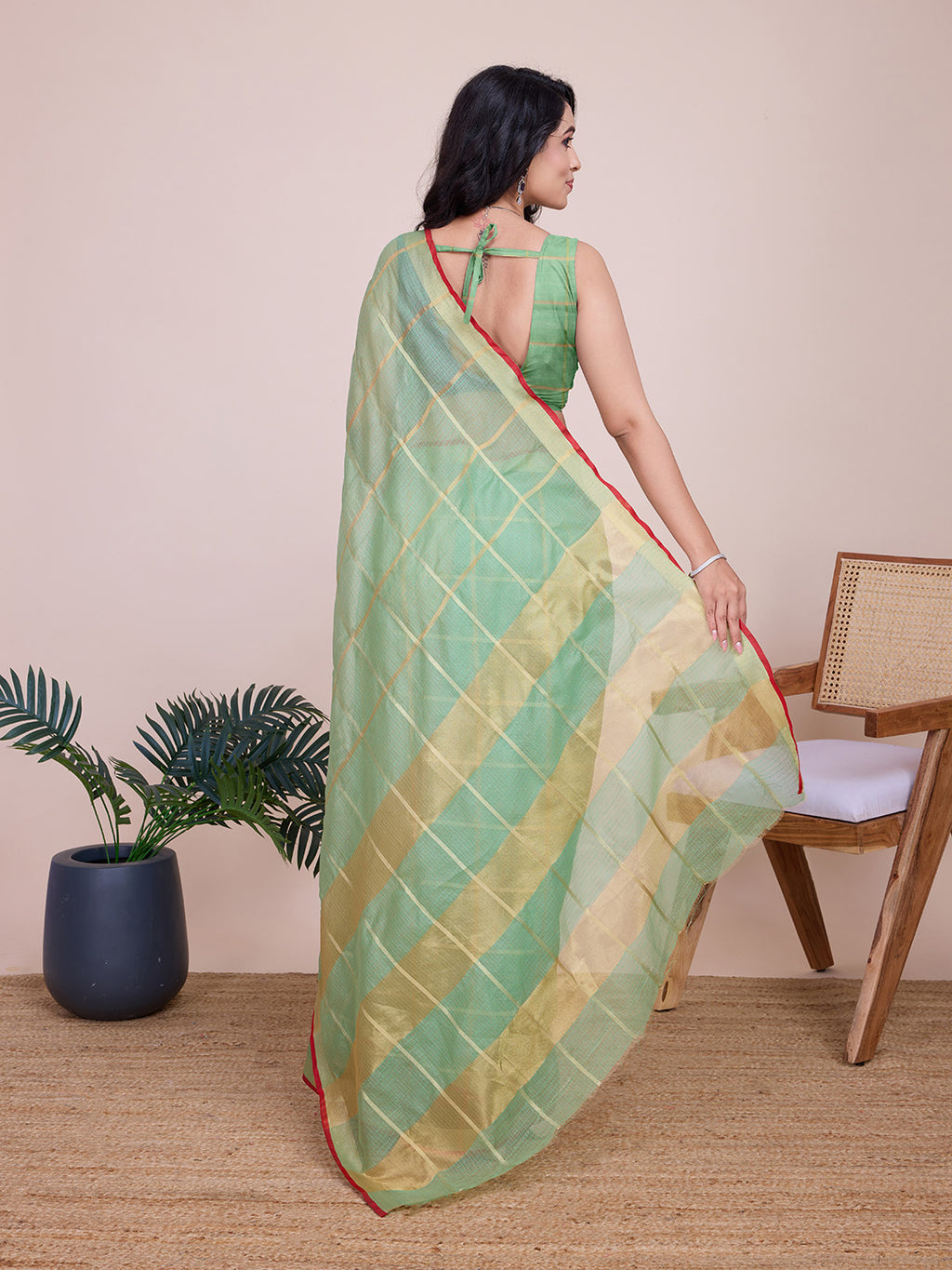 Fabrica Vibe Mint Green & Gold Checked Linen Cotton Saree with Contrast Red Border
