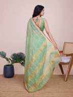 Fabrica Vibe Mint Green & Gold Checked Linen Cotton Saree with Contrast Red Border