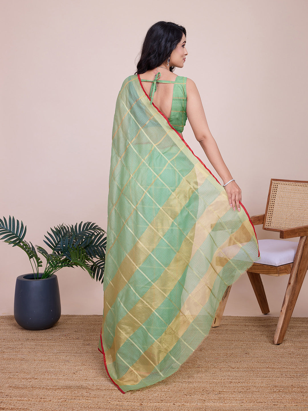 Fabrica Vibe Mint Green & Gold Checked Linen Cotton Saree with Contrast Red Border