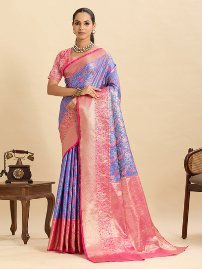 Fabrica Vibe Royal Blue & Pink Banarasi Silk Blend Saree with Floral Zari Weaving
