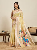 Fabrica Vibe Premium Lemon Yellow Organza Silk Saree with Peacock Pallu & Zari Woven Border