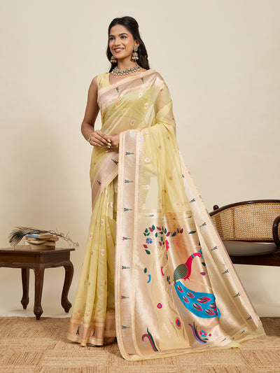 Fabrica Vibe Premium Lemon Yellow Organza Silk Saree with Peacock Pallu & Zari Woven Border