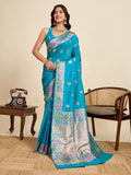 Fabrica Vibe Turquoise Blue Banarasi Silk Saree with Multicolor Floral Zari Border