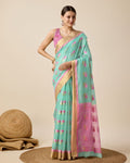 Fabrica Vibe Handwoven Bengal Cotton Saree in Aqua Mint & Pink with Woven Geometric Motifs