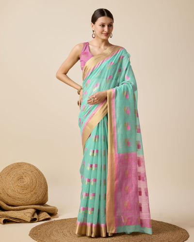 Fabrica Vibe Handwoven Bengal Cotton Saree in Aqua Mint & Pink with Woven Geometric Motifs