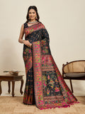 Fabrica Vibe Black Art Silk Folk Dance Printed Saree with Peacock Motifs & Tassel Pallu