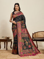 Fabrica Vibe Black Art Silk Folk Dance Printed Saree with Peacock Motifs & Tassel Pallu