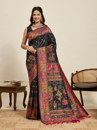 Fabrica Vibe Black Art Silk Folk Dance Printed Saree with Peacock Motifs & Tassel Pallu